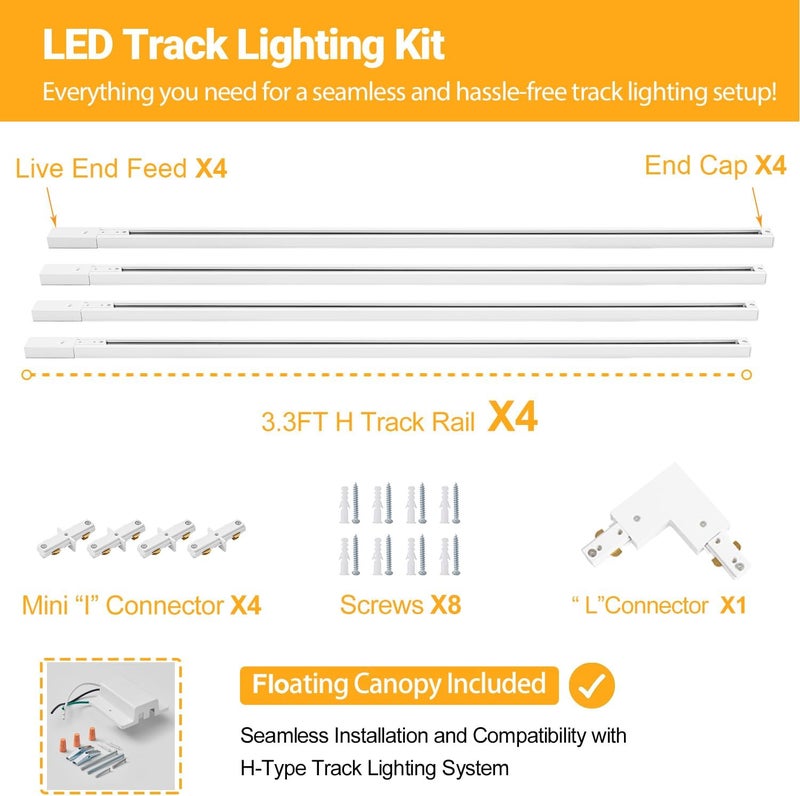 VANoopee 13FT H Track Lighting Rails White, H Type Track Lighting Kit with Floating Canopy Connector, End Caps, Live End Feeds, I T & L Connectors, Compatible with Single Circuit H Style Track System - Image 2